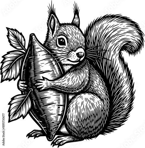 Intricate woodcut illustration of a squirrel hugging a sweet pot
