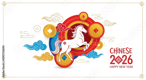 Vibrant illustration of a white horse surrounded by red, gold, and blue elements, celebrating Chinese New Year 2026 with a Fire Horse theme and Lunar New Year ornaments.