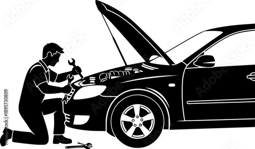 Monochrome illustration of a mechanic repairing a car with open
