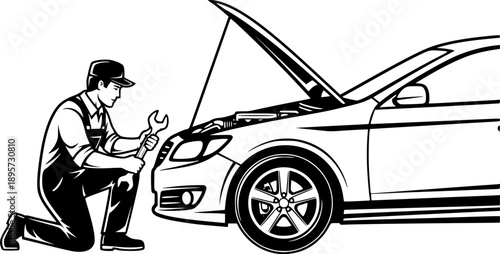 Monochrome illustration of a mechanic repairing a car with open
