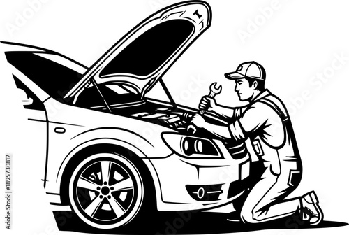 Monochrome illustration of a mechanic repairing a car with open
