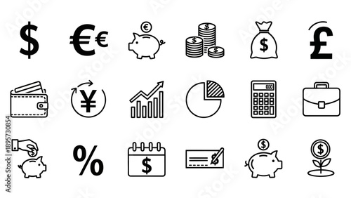 Finance Icons Set with Currency Symbols.