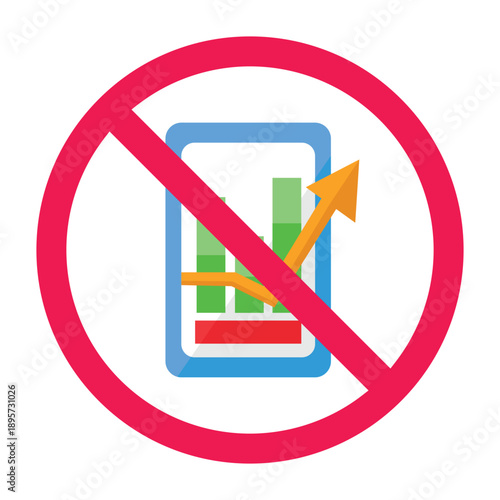 Forbidden sign with mobile finance growth analytics icon, vector illustration
