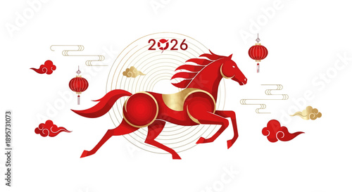 A red and gold vector illustration of a horse for Chinese New Year 2026, surrounded by lanterns and decorations on a white background.