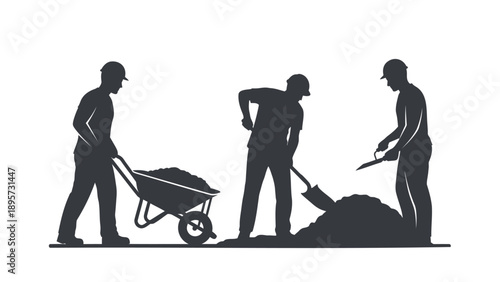 Construction workers with wheelbarrow and shovels vector