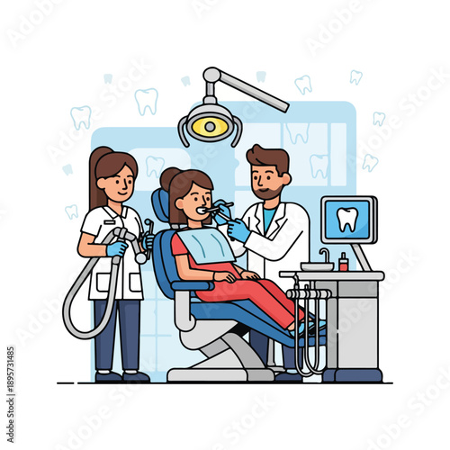A dentist examines a patient in a dental chair with a dental hygienist