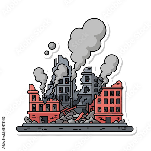 A destroyed cityscape with smoking ruins