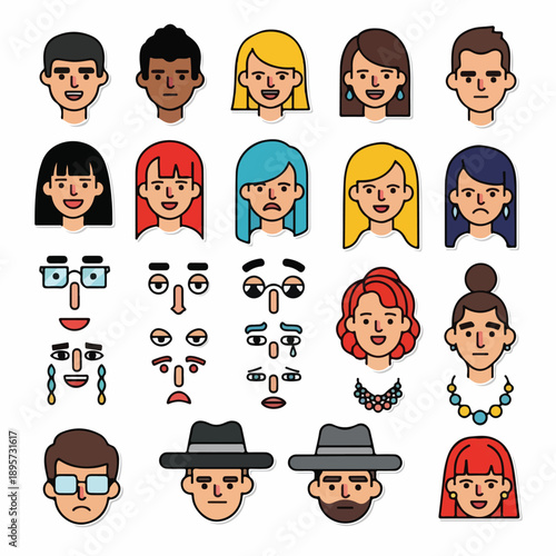A detailed digital illustration of 20 cartoon faces and facial features