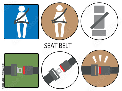 Collection of six graphic icons illustrating seat belt usage, fastening, and safety warnings.