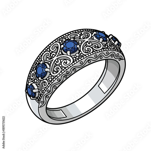 A detailed illustration of a silver ring with blue gemstones