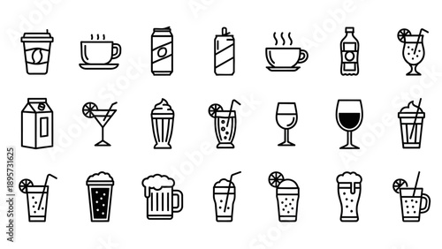 Variety of drinks and beverages icons.