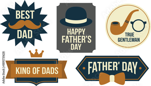 Fathers Day retro badge collection with best dad, happy fathers day, and gentleman elements