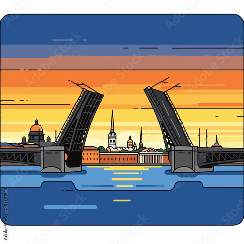 A digital illustration of a city skyline with a bridge opening