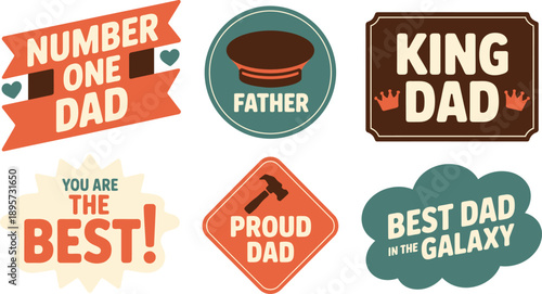 Fathers Day retro badges, dad quotes collection, vintage celebration labels, proud father elements
