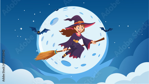 Smiling witch flying on broomstick under full moon with bats