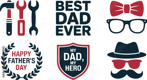 Fathers Day themed collection, tools, bow ties, glasses, hats, and celebratory text