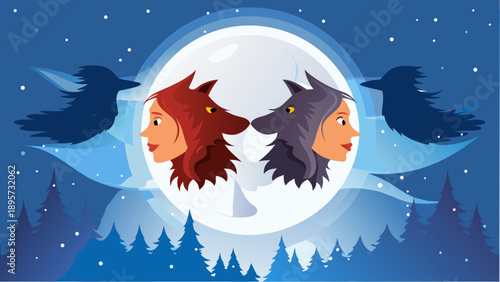 Mysterious cartoon illustration of humanoid wolves under the full moon