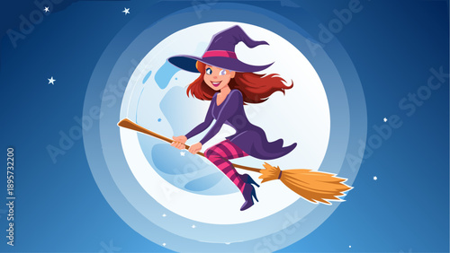 Smiling cartoon witch flying on broomstick against full moon