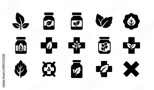 Herbal medicine black silhouette logo icons natural remedy vector