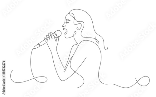 Female vocalist with microphone, minimalist single line illustration in grey