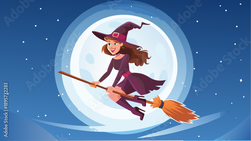Smiling witch flying on broomstick under full moon at night