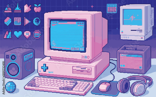 Retro 90s Pixel Art Desktop Computer Vaporwave Scene
