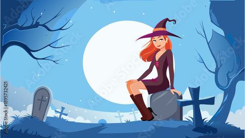 Cartoon witch sitting on tombstone in spooky moonlit graveyard