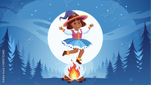 Smiling cartoon witch girl jumping over campfire at night