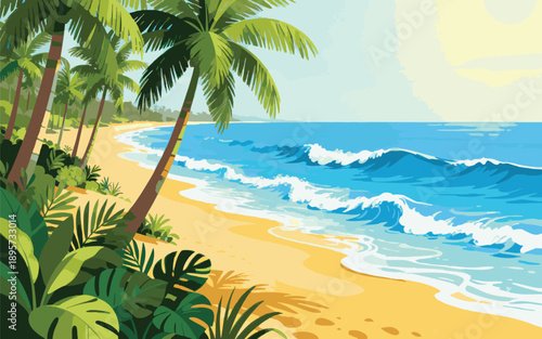 Tropical Beach Landscape with Palm Trees and Blue Ocean Waves