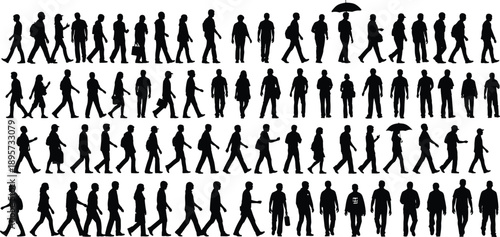 Large Collection of Walking People Silhouettes with Men and Women in Casual Outfits for Architectural Visualization Urban Scene Background and Street Life Vector Illustration