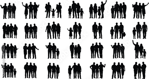 Massive bundle of black silhouettes featuring business professionals dancing couples reading children families and elderly in wheelchairs for architectural visualization urban lifestyle and design