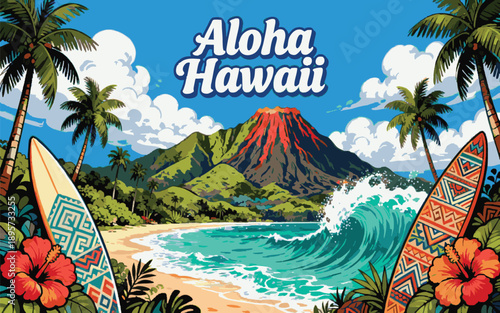 Tropical Aloha Hawaii Beach with Volcano and Surfboards