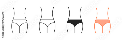 Set of minimalist female body icons with transparent background, depicting waistlines and underwear styles, ideal for fashion, health, and women's product designs, vector illustration