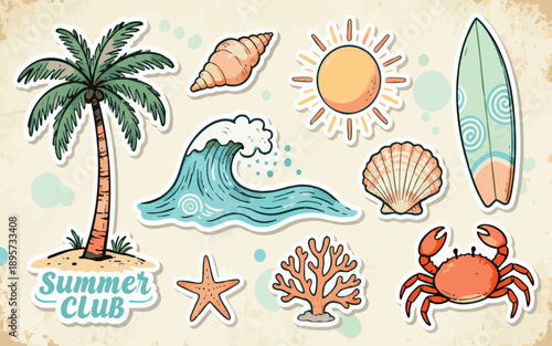 Vintage Boho Summer Beach Sticker Set with Sea Elements