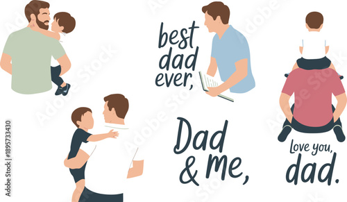 Fathers Day vector collection, dad child love illustrations, paternal bonding moments, best dad ever graphic