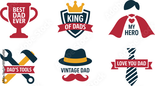 Fathers Day vector emblem collection celebrating best dad with tools and superhero elements