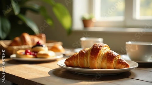 Golden-brown croissant on a plate, bathed in sunlight, near pastries and coffee cups on a wooden table