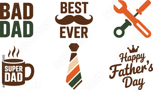 Fathers Day vector icons, dad celebration graphics, best dad ever, super dad mug, mustache tie illustration, bad dad typography, holiday design