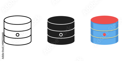 Three colorful database servers in a row on white background
