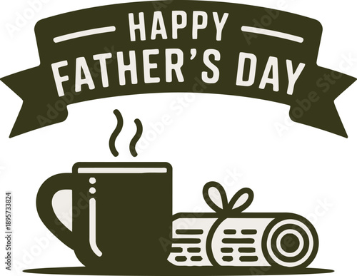 Happy Fathers Day banner greeting card featuring steaming coffee mug and rolled newspaper