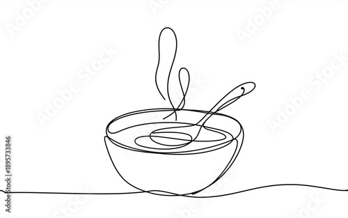 Minimalist Single Line Drawing: Bowl of Hot Soup
