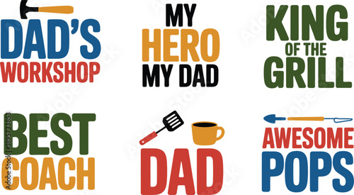 Fathers Day workshop grill coach graphics, Dads hero tool celebration designs, papa vector elements