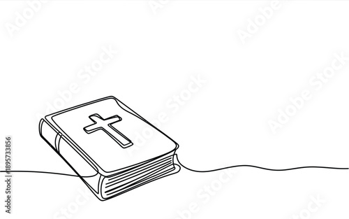 Single Line Art: Holy Bible with Cross on White Background