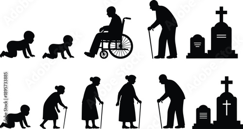 Vector, black, silhouettes, showing, the, human, life, cycle, from, crawling, babies, to, elderly, people, with, wheelchairs, and, walking, sticks, ending, at, a, cemetery, gravestone