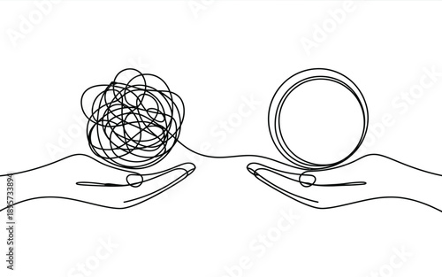 Concept of untangling problems, shown with hands holding tangled and neat threads