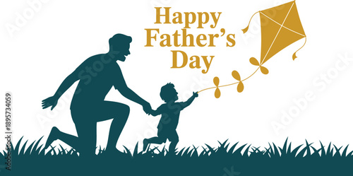 Happy Fathers Day, dad and son silhouettes, flying kite together, outdoor family playtime