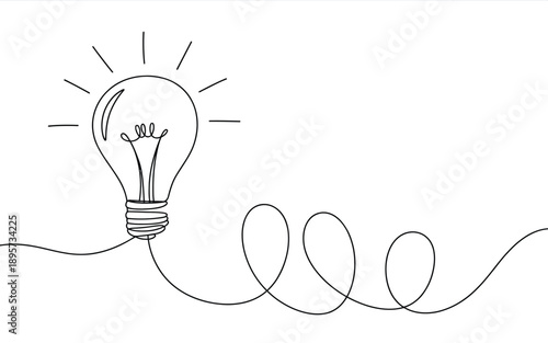 Glowing lightbulb with coiled cord, minimalist single line drawing