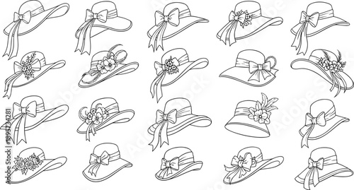 Vector, set, of, black, and, white, sketches, featuring, various, women, sun, hats, with, bows, flowers, and, ribbons, for, summer, fashion, and, wedding, designs