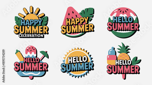 Happy Summer celebration badge collection, seasonal holiday emblems, watermelon, ice cream, sun, pineapple, tropical vacation typography
