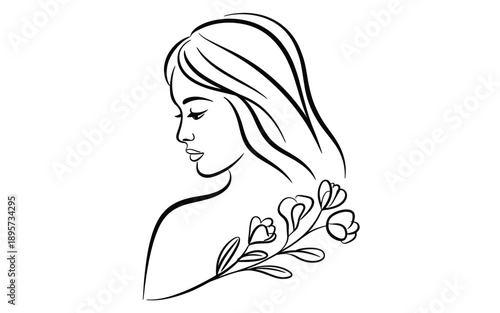 Elegant one line drawing of a woman's profile with flowing hair and flowers.